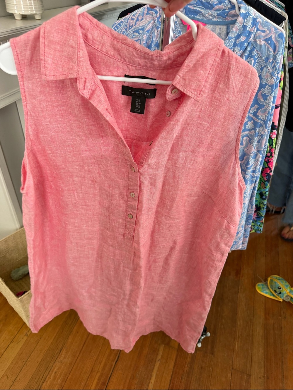 Tahari Coral Pink Sleeveless Linen-Blend Button Popover